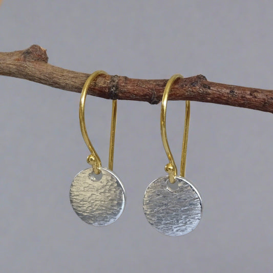 silver hammered disc and gold ear wires  dangle earrings