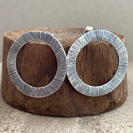 Large oxidised sterling silver hammered circle stud earrings