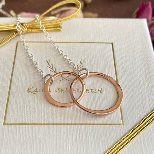 18k rose gold vermeil double circle and sterling silver chain necklace