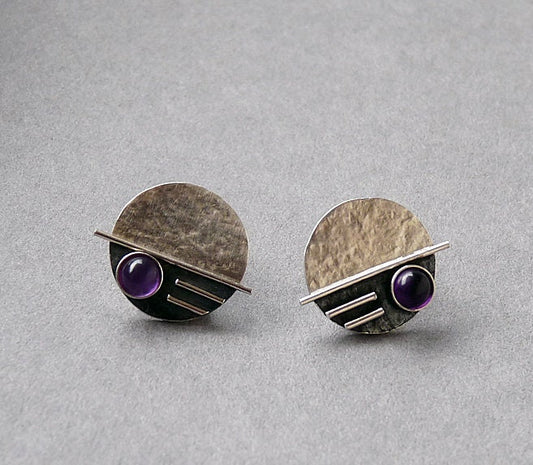 Amethyst sterling silver disc stud earrings.