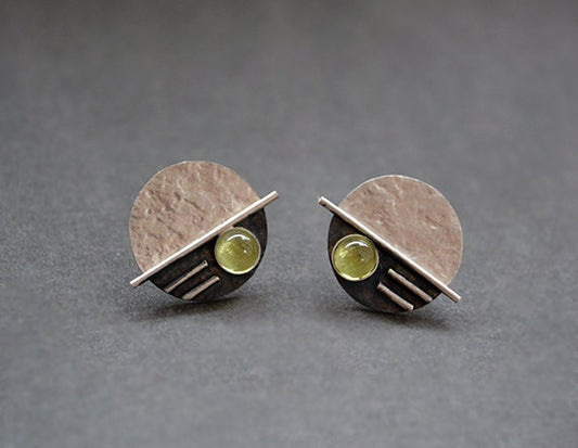 Peridot August birthstone sterling silver disc stud earrings.