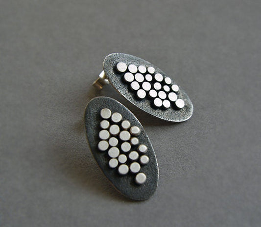 Artisan oxidised oval sterling silver stud earrings.